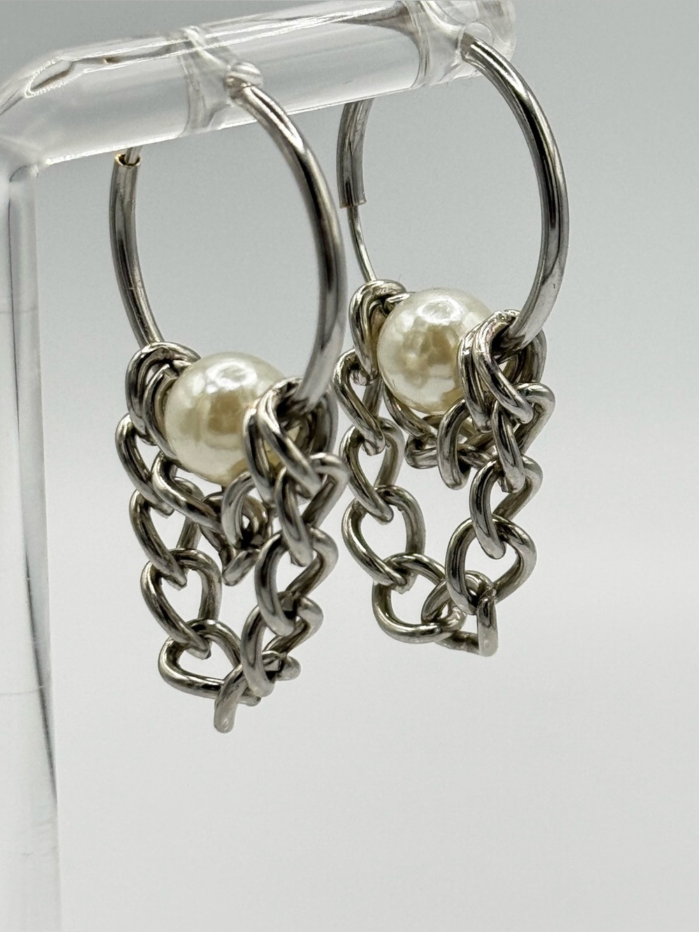 Sterling Silver Chain Hoop Earrings with Pearl Bead Accent